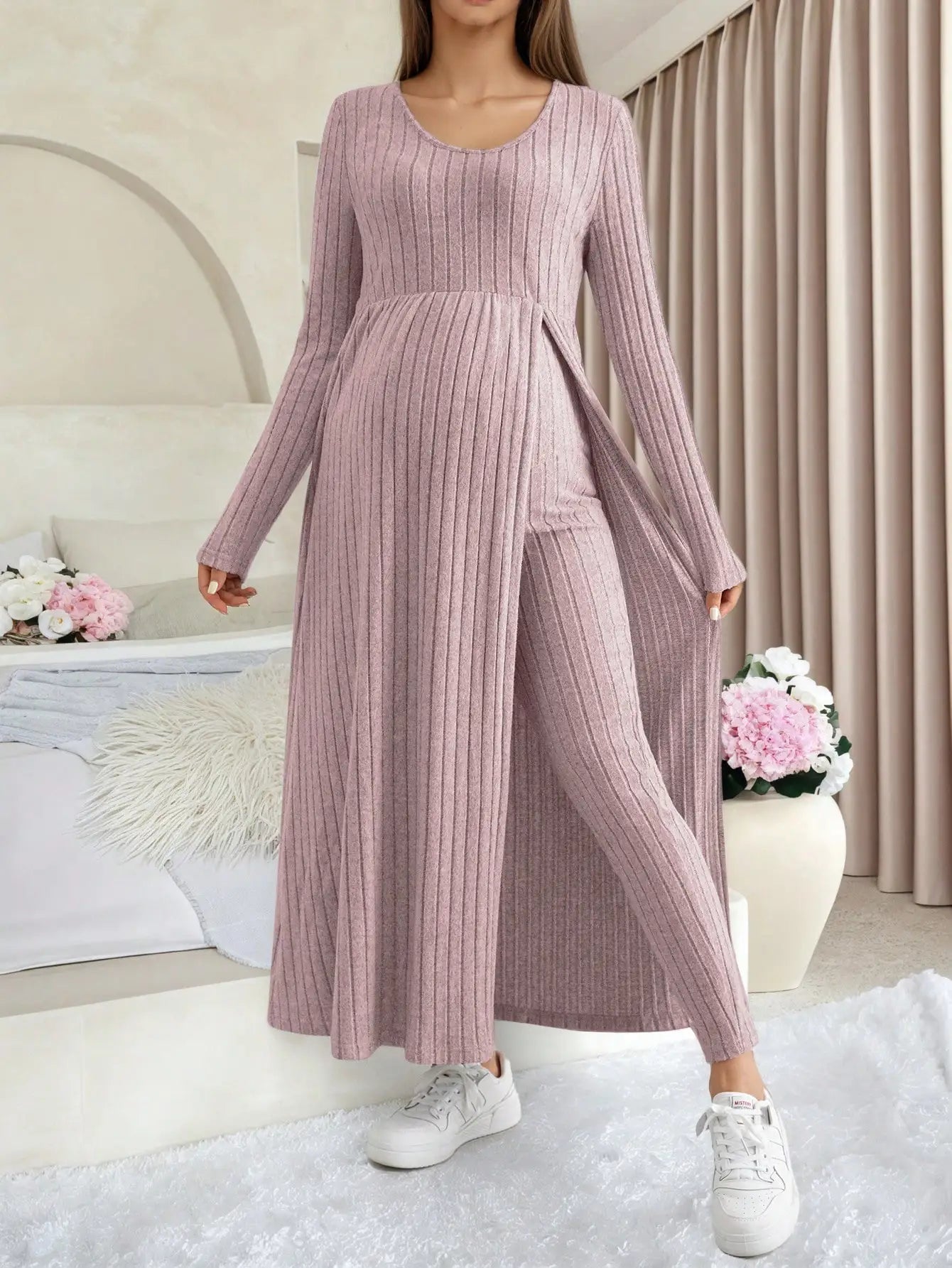 Maternity Women's Two Piece Sets and Outfits Long Sleeve Soft Ribbed Longline Casual Home Lounge Pants Set