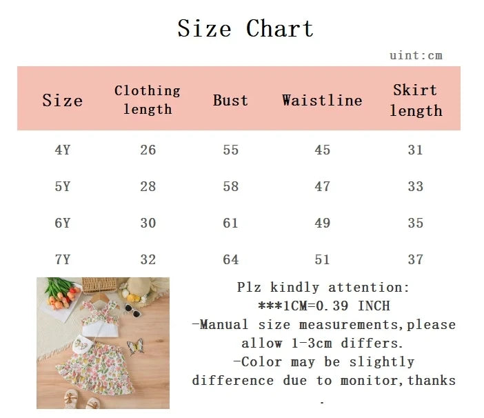 Summer girls' 3Pcs Small Floral Ruffled off Shoulder Top, Half skirt, Mini bag Fashion Set  for girls aged 4-7 Years clothing