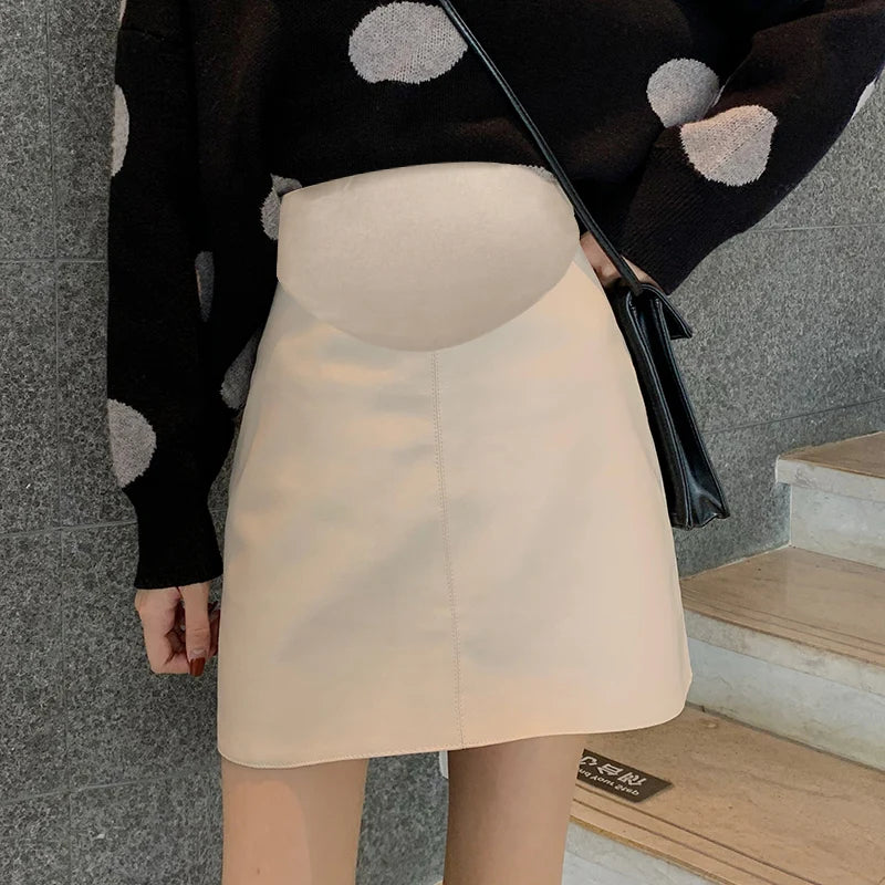 Pretty Maternity Autumn Skirts Vintage High Waist Pregnant Woman Slim Belly Skirts Elegant Pregnancy A-line Pu Leather Skirt