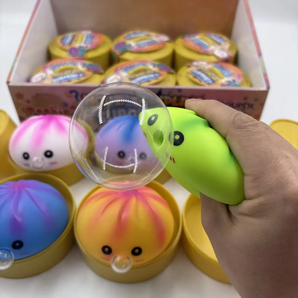 Kawaii Bubble Blowing Bun Squishy Set, Soft Baozi Squeeze Toy with Steamer Lid Base, Rising Stress Ball Funny Fidget Toy Kids