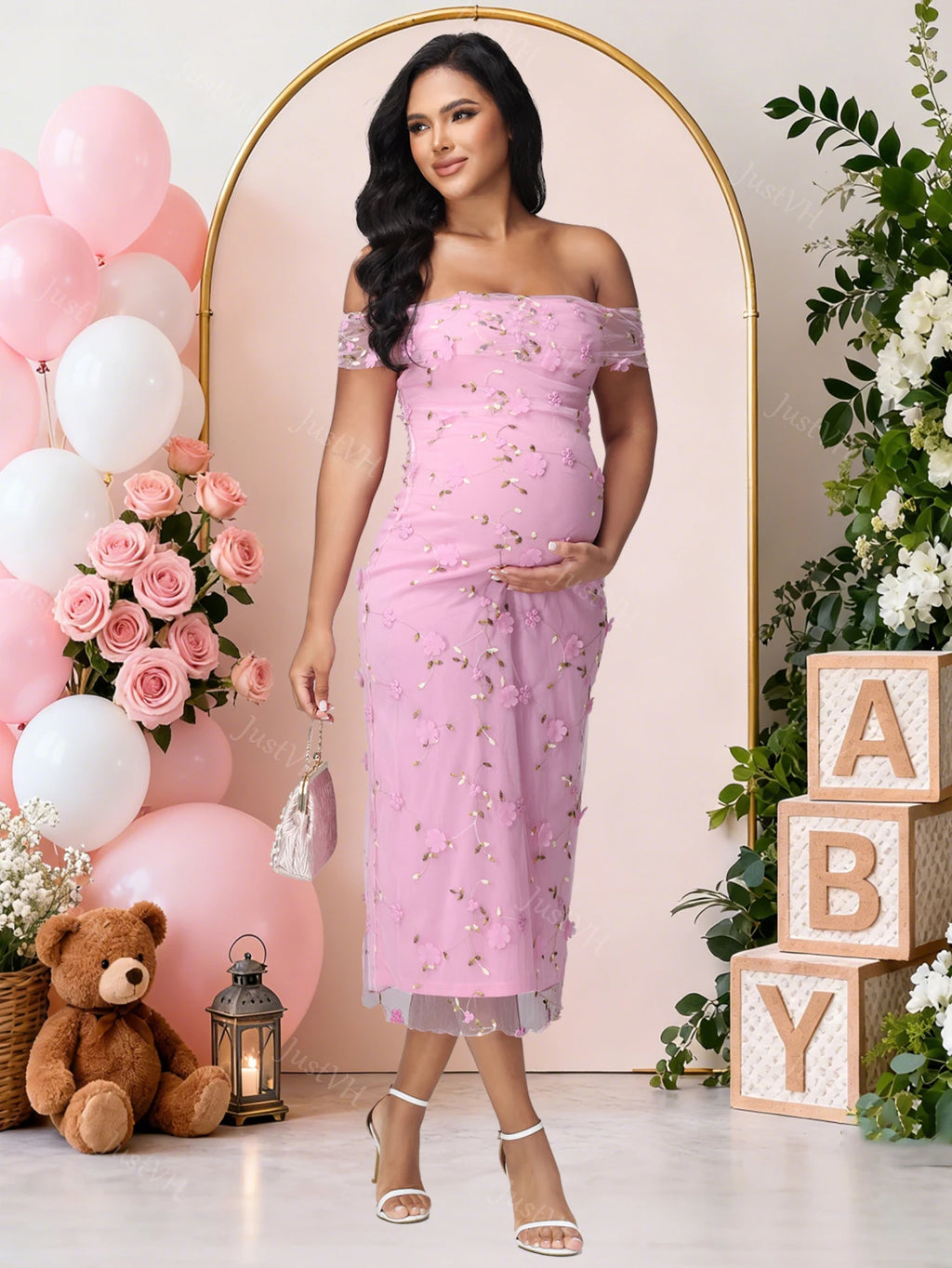 Maternity Off Shoulder Twist Floral Mesh Midi Dress Elegant Wedding Party Pregnant Women Gown for Baby Shower Photoshoot