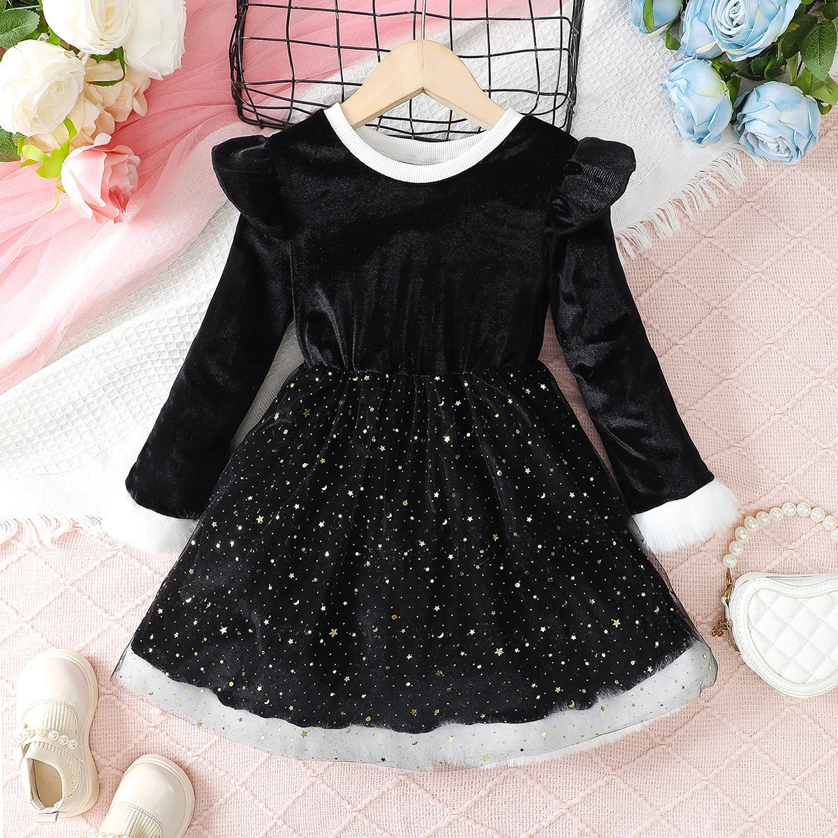4-7 Year Children Girls Dress Round neck Satin Stars Tulle Ceremonial Dress for Girls' Spring  Autumn Fashion Party Dress