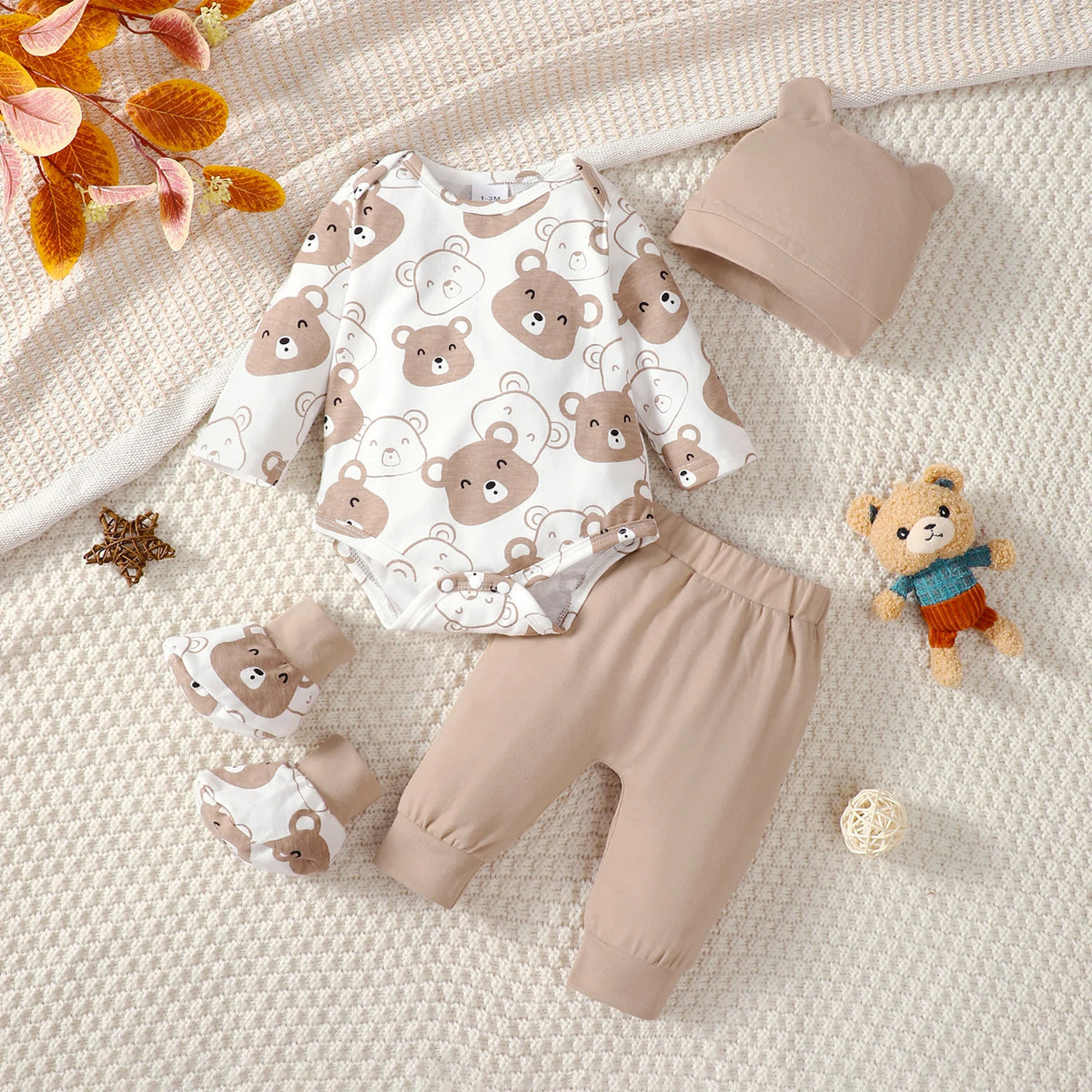 Little Bear 0-9 Months Baby Boy Set Long Sleeve Bodysuit Pants Hat Socks 4-Piece Autumn Clothing