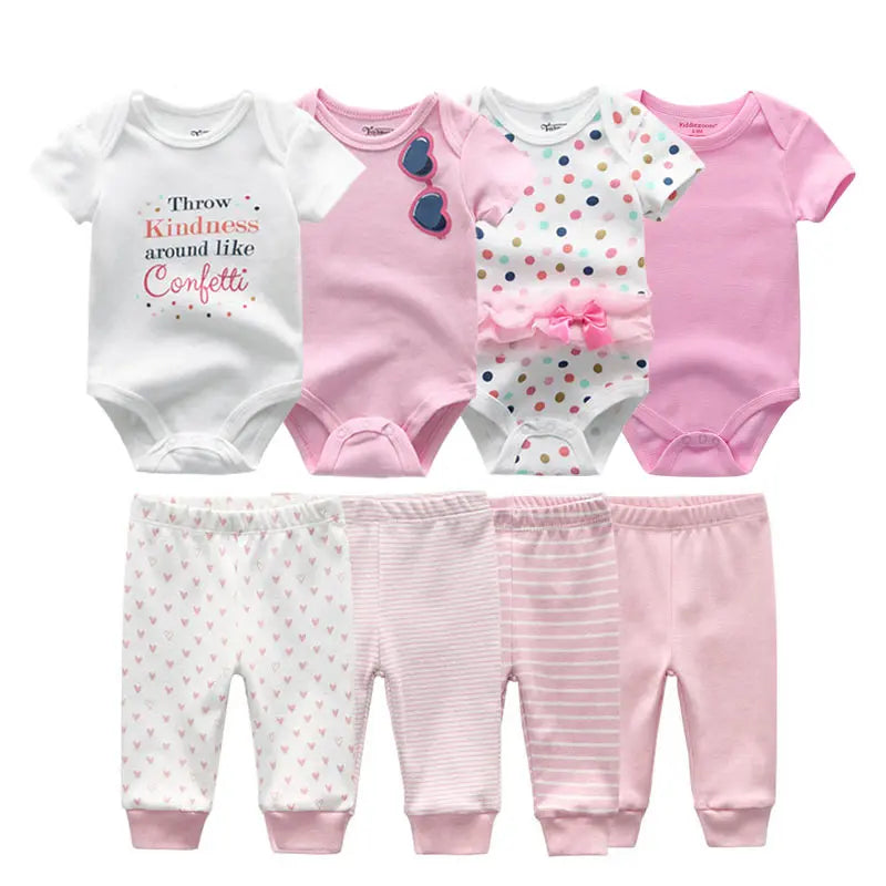 8-Piece Cartoon Baby Bodysuits and Pants Cotton Newborn Unisex Short Sleeve Onesies Trousers 0-12 Months