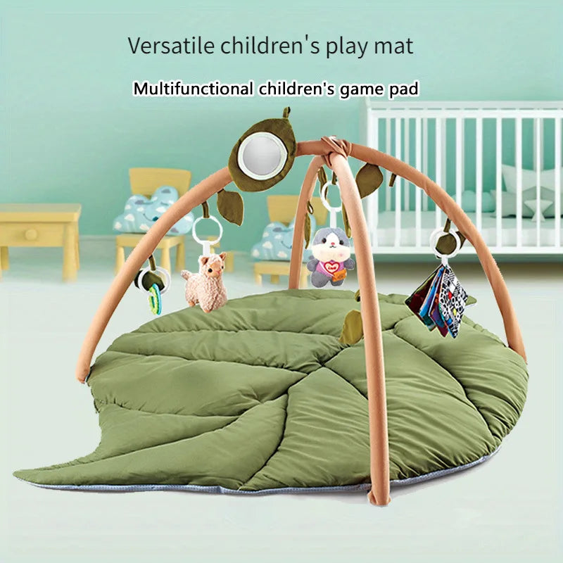 Baby Activity Gym Play Mat Leaf Shaped Crawling Rug with Mirror Sensory Hanging Toys Cloth Book Tummy Time Pillow 0-18M