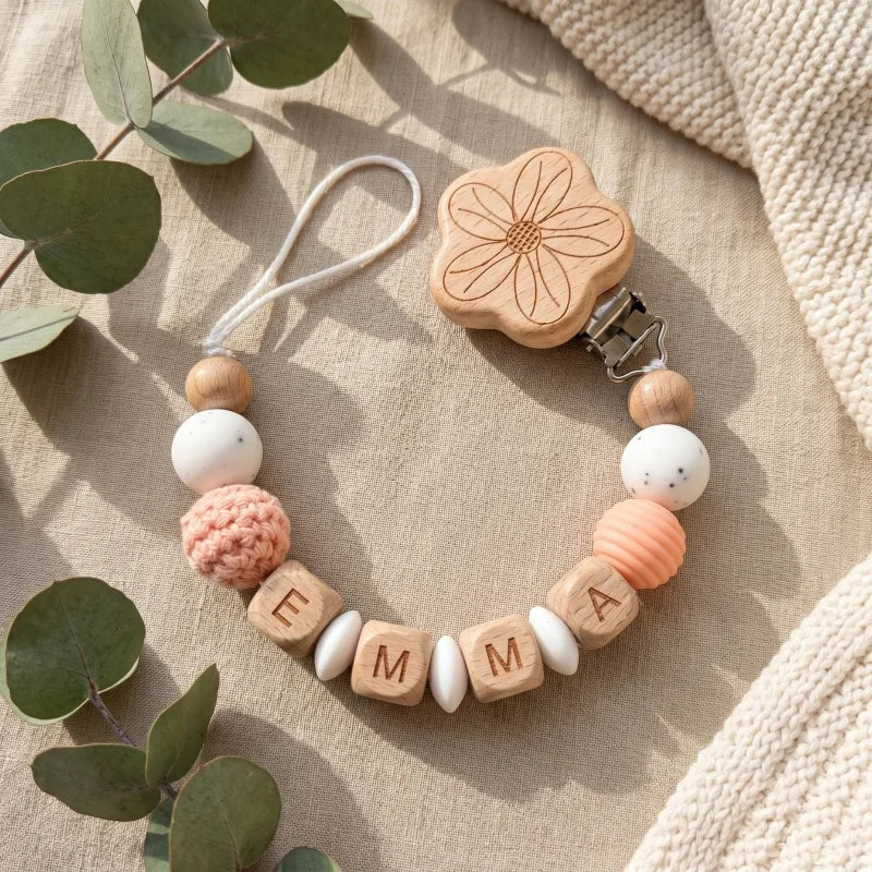 Personalized Baby Pacifier Clip with Name – Silicone & Wooden Bead Teether Soother Holder