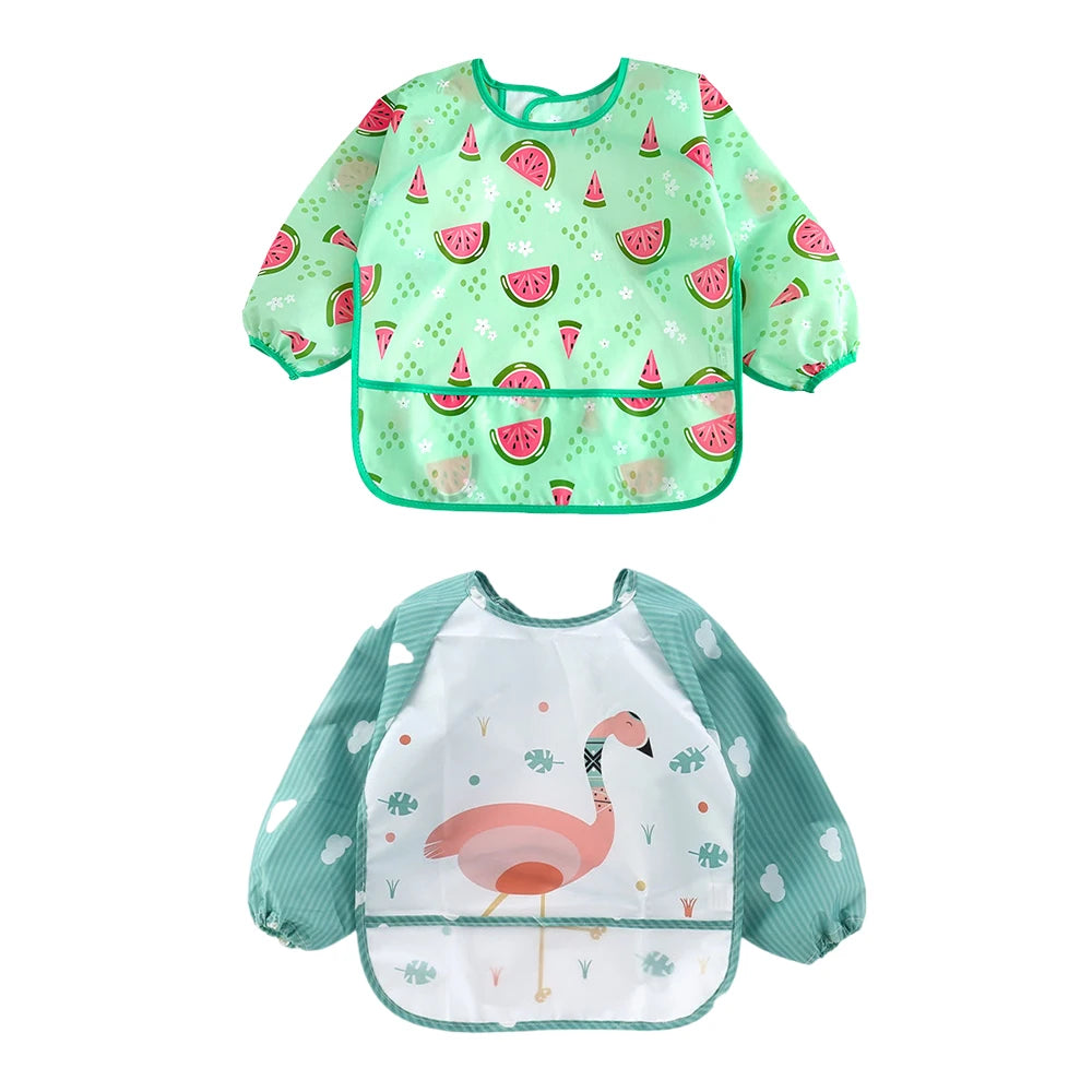 Waterproof Full Sleeve Baby Bibs 2 Pack for Feeding Smocks with Long Sleeves for Kids