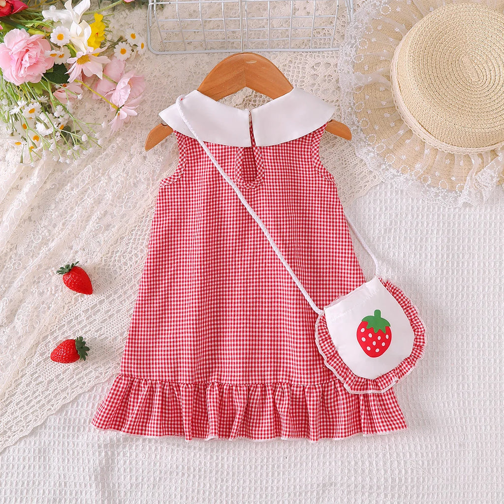 Summer Baby girl Dress Doll Collar Strawberry Printed plaid Dresses+Mini bag Set for Cute Baby girl Dresses aged 0-3 Years