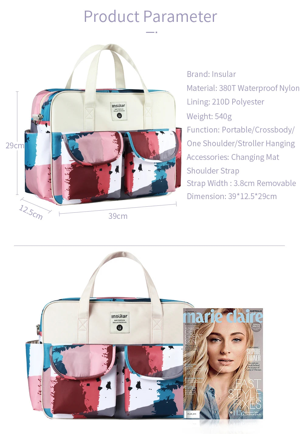Insular Diaper Bag One Shoulder Baby Bag Women Travel Handbag for Baby Nursing Mummy Maternity Printed Nappy Bag