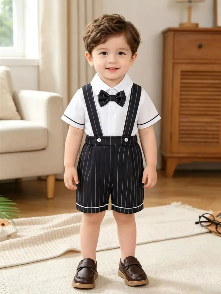 Baby Boys' Little Gentleman Set Lapel Collar Shirt and Striped Strap Pants 2Pcs/Set for 0-3 Year Old Baby Boys' Party Clothing