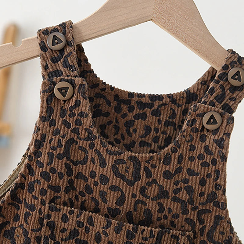 2026 Autumn 1-4T Kids Clothes Corduroy Girls Overall Leopard Print Boys Jumpsuits Children Playsuit