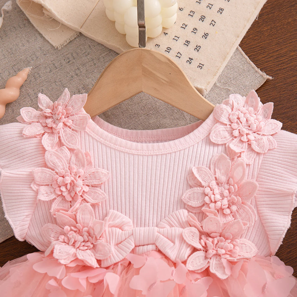 Summer Fashion Solid Color Toddler Princess Fairy Dress Korean Style Sweet Pink Bow Birthday Party Baby Girl Butterfly Dress