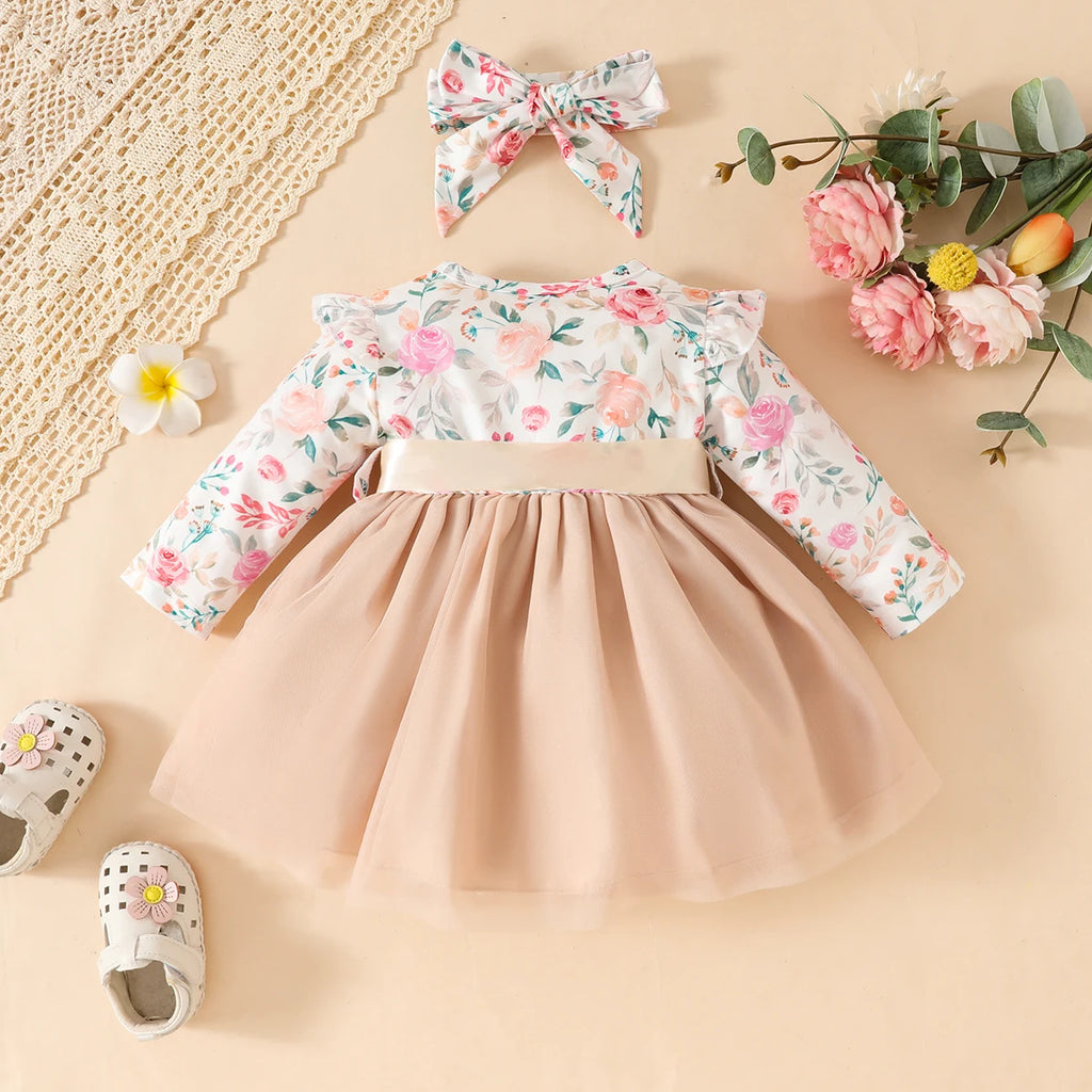 3Pcs Baby girl Princess Dress  Floral Chiffon Fashionable Dress+Headband+Belt for 0-24 Months Baby girl Spring and Autumn Dress