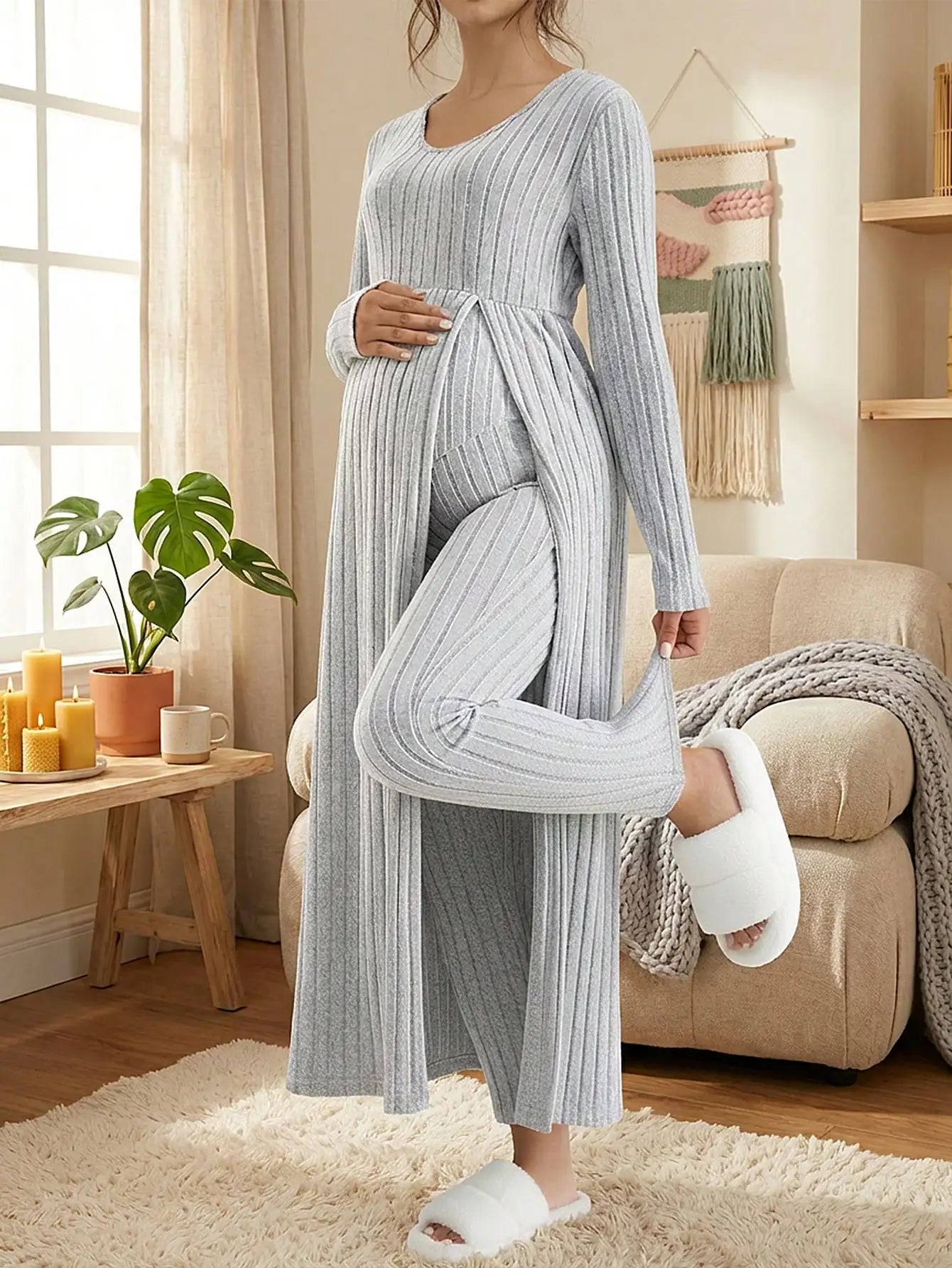 Maternity Women's Two Piece Sets and Outfits Long Sleeve Soft Ribbed Longline Casual Home Lounge Pants Set