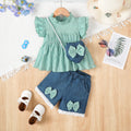 Summer Fashion Baby Girl Set Small Round Neck Ruffle Short Sleeve+Blue Shorts+Love Bag 3Pcs/Set Suitable for 0-3 Year Baby Girls