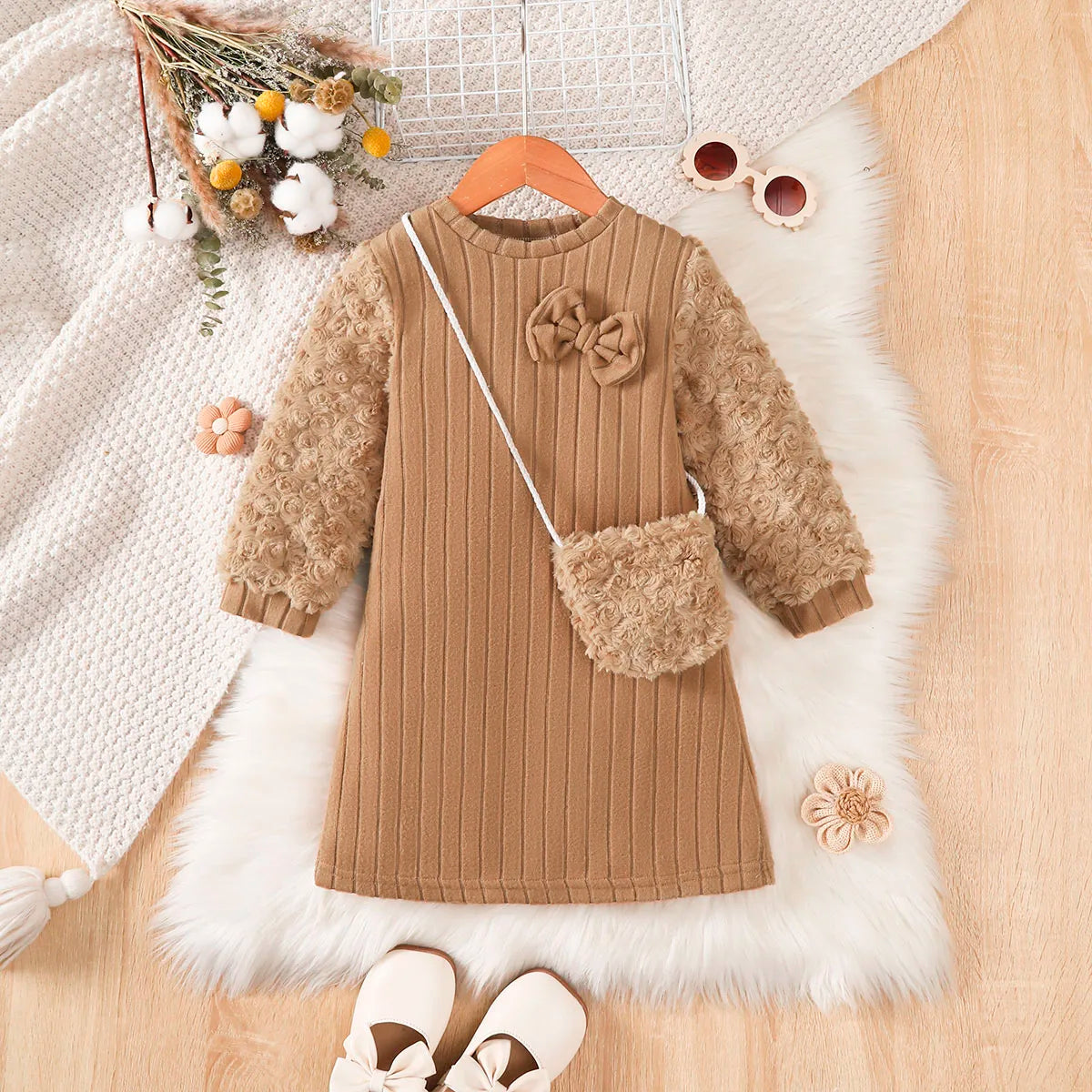 Kid Girls' Dress Brown Long sleeved Splice Fashion Dress+Mini Bag Two-piece Set 4-7 Year old girls' Autumn and Winter Dress