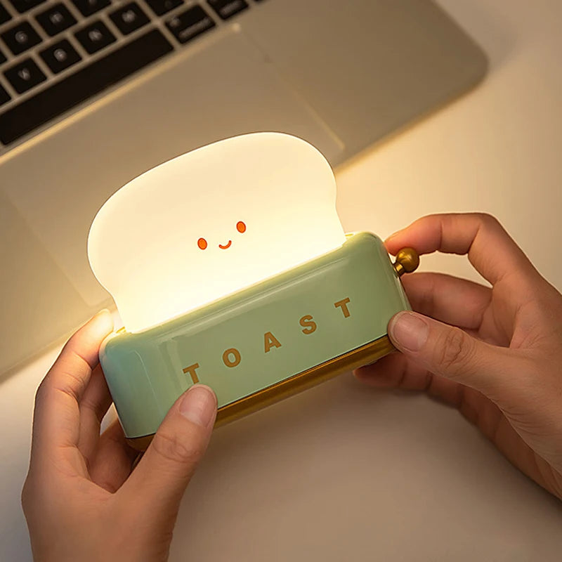 Rechargeable Cute Toaster Night Light - Toast Shape Bedside Lamp with Smile Face,Dimmable Desk Decor,Bedroom,Living Room,Gift