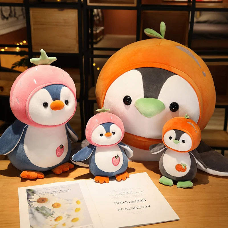 1PC Cartoon Penguin Plush Toys Kawaii Soft Doll Dress up Strawberry Orange Kids Plushie Girls Gift