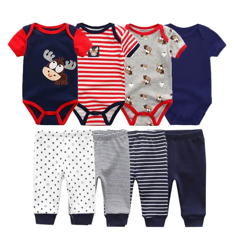 8-Piece Cartoon Baby Bodysuits and Pants Cotton Newborn Unisex Short Sleeve Onesies Trousers 0-12 Months
