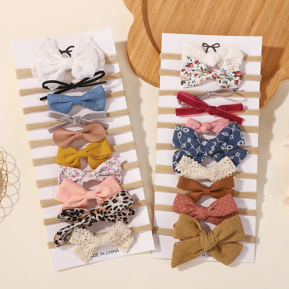 10Pcs Fashion Baby Elastic Hair Band Lovely Colorful PU Cotton Bow Headband Girls Headdress Party Casual Headwear