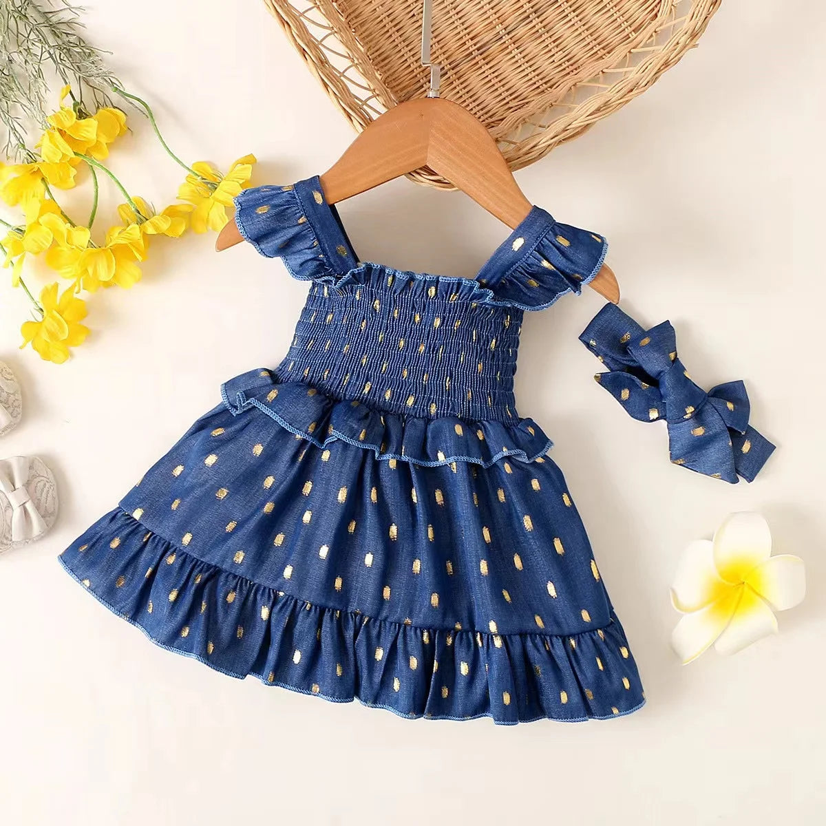 Baby Girl Summer Princess Skirtruffled Edges Shoulder Straps Dress+Headband 2Pcs for 0-3 Year old Toddlers' Birthday Party Dress