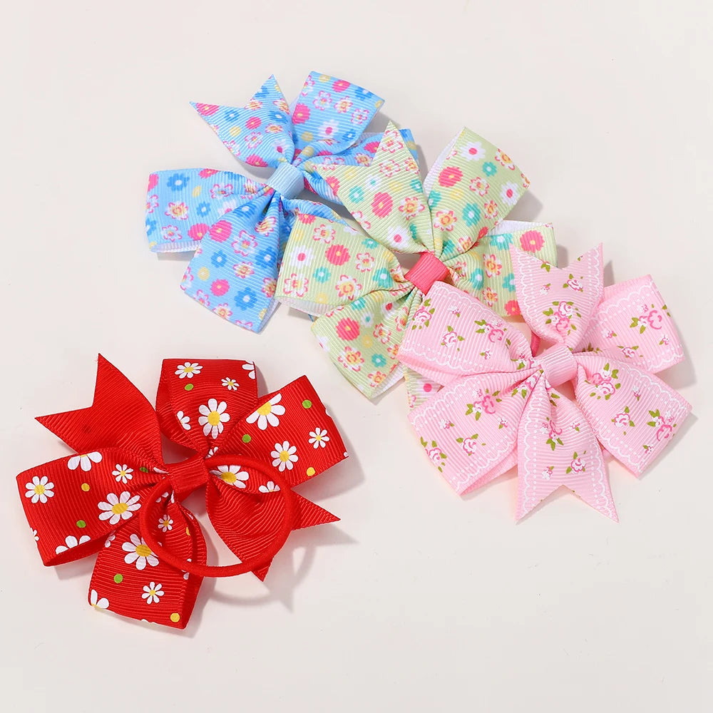 50Pcs Random 3inch flower bowknot hair rope for girls fresh printing head ties toddler cute ponytail hair band set