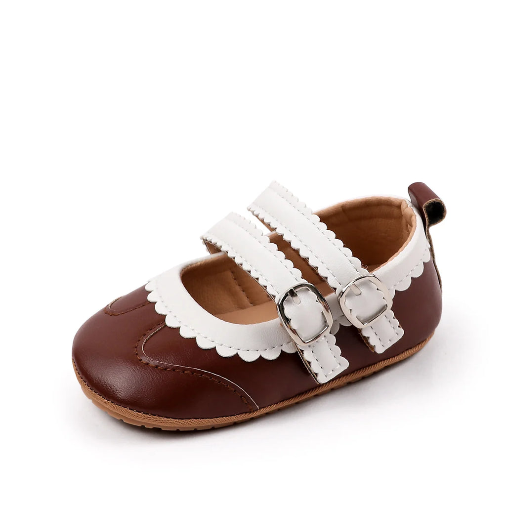 0-18 Months Infant Pre-walker Shoes, Scalloped Lace Trim Dual Buckle Strap Soft Non-slip Rubber Sole Indoor Baby Mary Jane Shoes