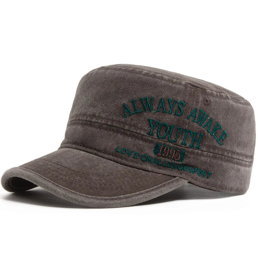 Washed Embroidered Letter Military Cap Flat Top Vintage American Style Sunshade Hat