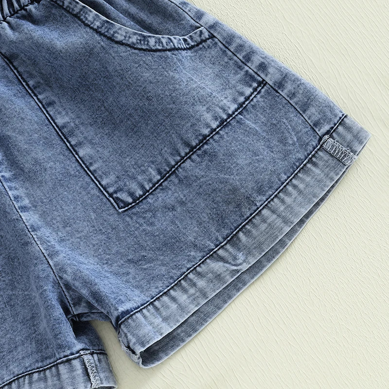 1-5Y Girls Kids Denim Overalls Shorts Short Sleeves Turn Down Collar Button Down Elastic Waist Jean Romper Jumpsuits Clothes