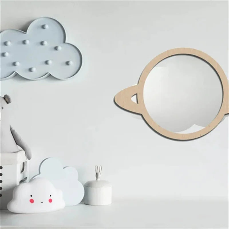 Scandinavian Planet Satellite wooden wall mirror with anti-shattering surface for safe children's room decor