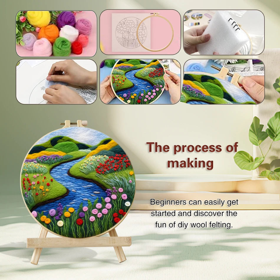 Waterfall Landscape Wool Felting Painting Frame DIY Wool Embroidery Kit Funny Wool Needle Felt Picture Kit Craft Painting Gift