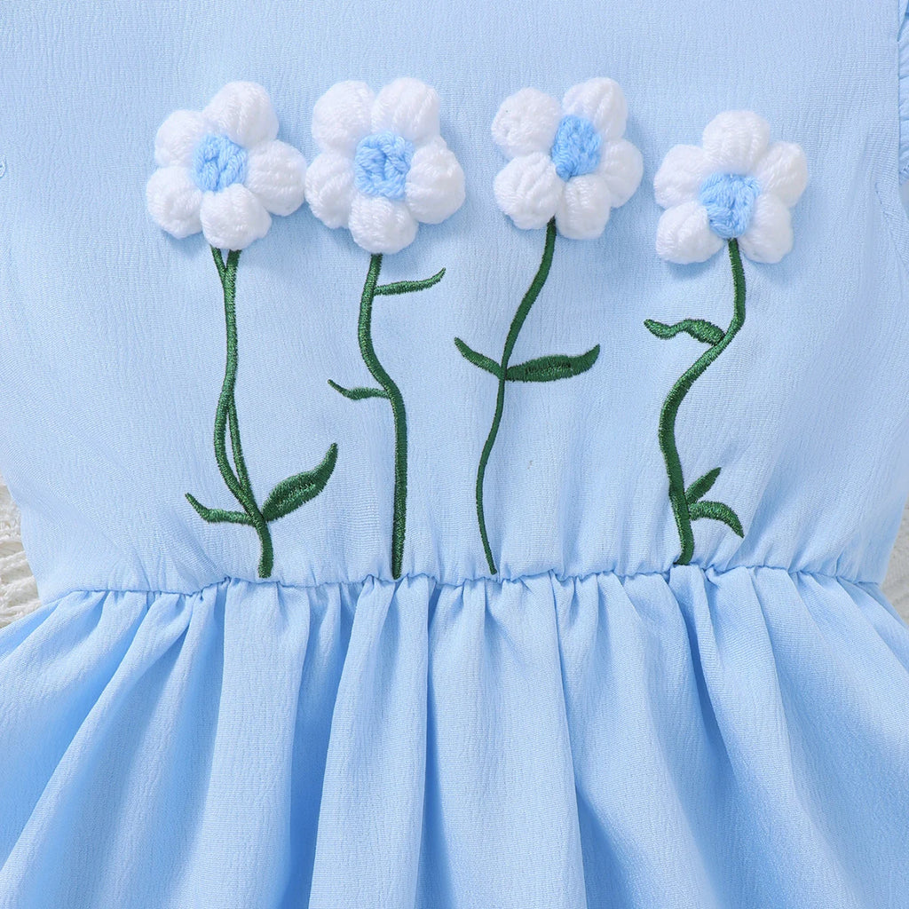 1-6 Year Girls' Summer Dress Round neck Beautiful Knitted Small Flower Embroidered Dress+Mini bag Set girls' Fashionable Dress