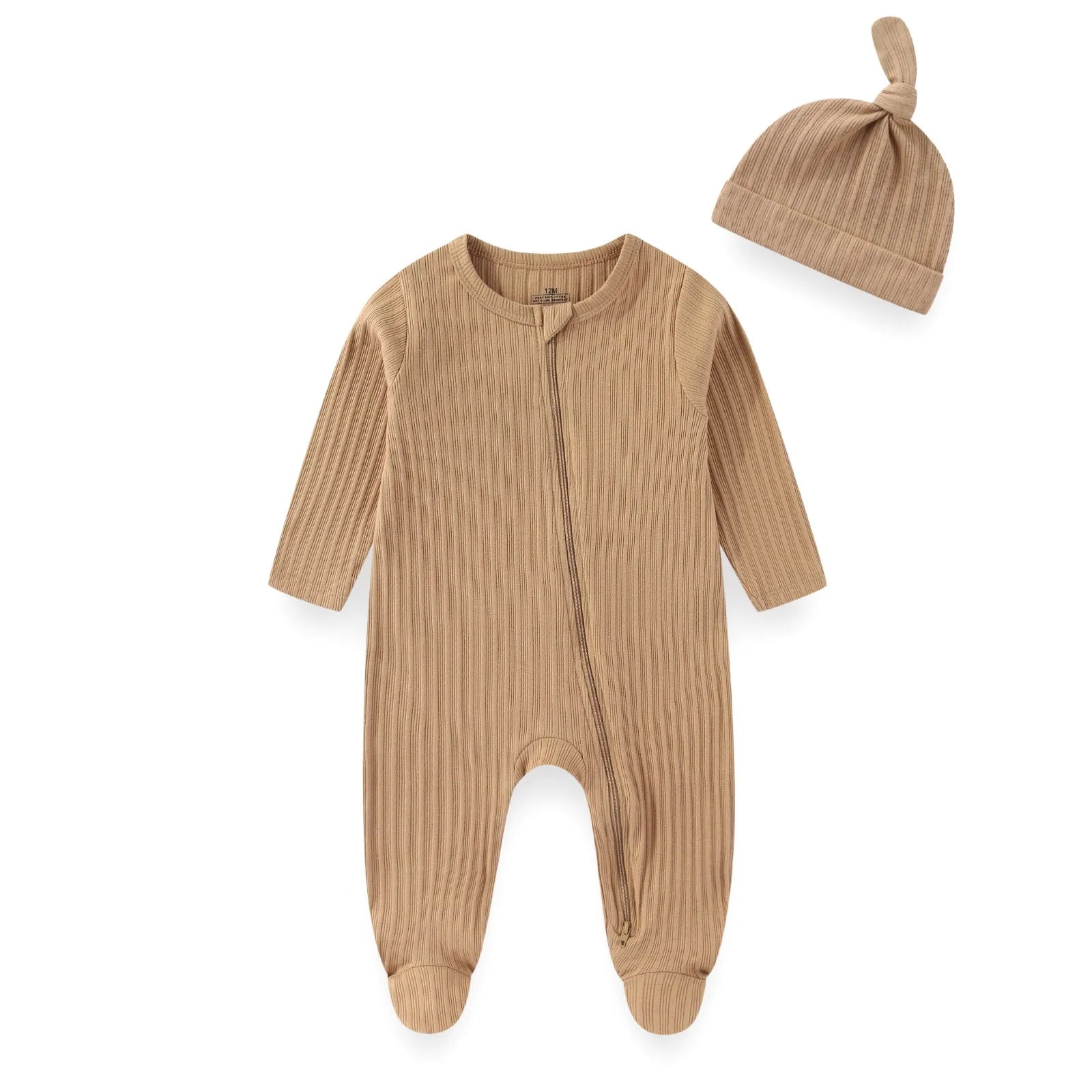 Two-Piece Baby Unisex Romper Hat Set 0-12M Long Sleeve Jumpsuit Cap Solid Color Newborn Outfit
