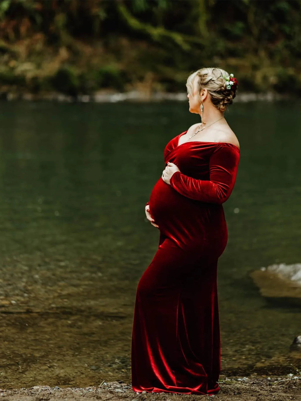 Velvet Maternity Off Shoulder Trailing Fitted Gown Maxi Photography Dress for Baby Shower Photo Props Dress