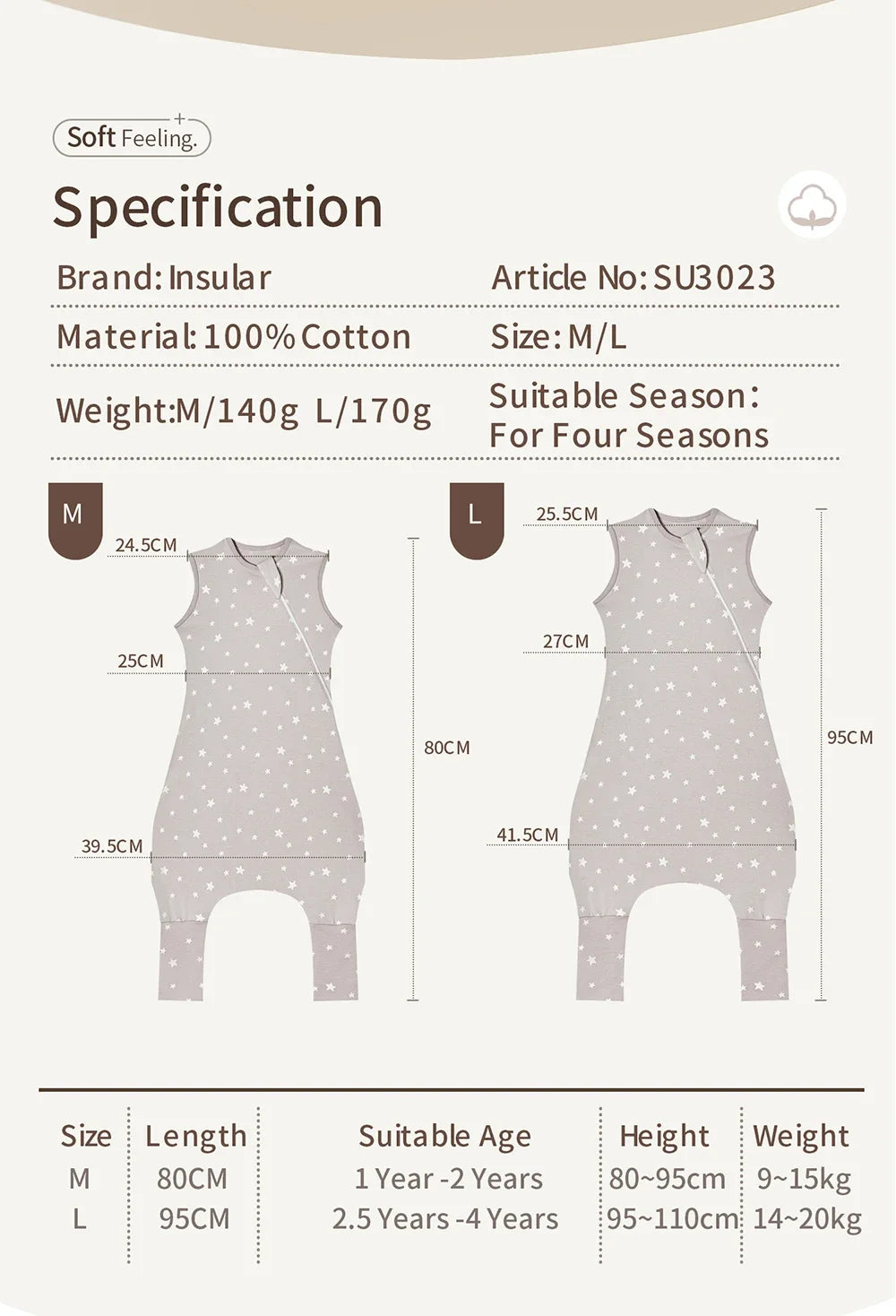 100% Cotton Baby Split Leg Sleep Sack Sleeveless Homewear Four Seasons Wear Two Way Zipper Comfortable Sleeping Bag for Infants