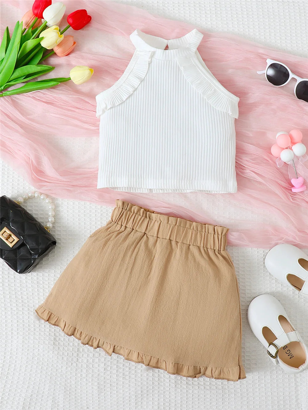 Summer Baby Girl Set Sleeveless Ruffle Top+Brown Half Body Skirt 2-piece Set 0-3 Year Old Baby Girl Fashion Set