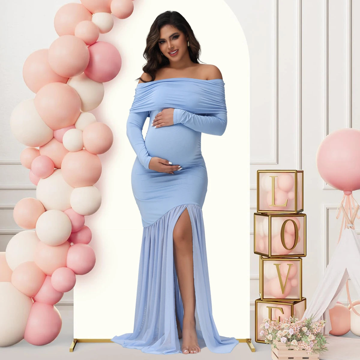 Maternity One Shoulder Off Shoulder Dress With Slit Hem Gown A123 For Baby Shower And Evening Party
