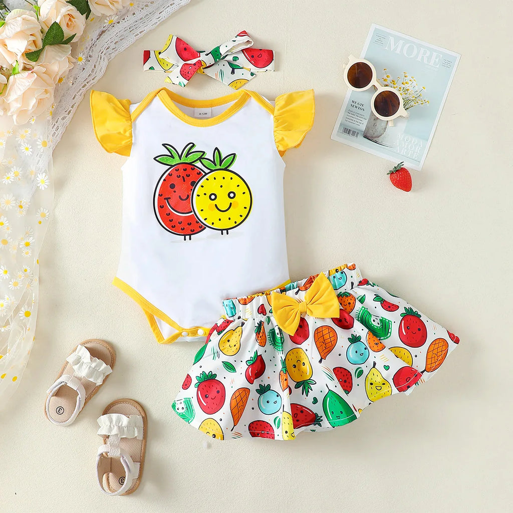 3Pcs Baby Girl Round Neck Fruit Bodysuit+Bow Fruit Print Skirt +Hair band Summer Set Suitable for 0-12 Months Baby Girl Cute Set