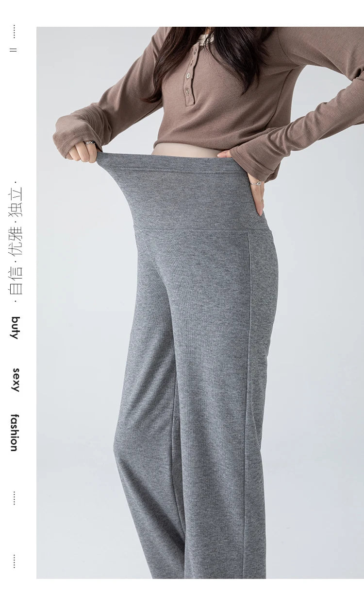 2026 Autumn Pregnant Woman Straight Pants Adjustable Waist Maternity Knitted Trousers