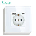 BSEED Single Power Outlet EU Wall Plugs Double Sockets USB Type-C Phone Charge Glass Panel 1Way Wall Touch Switch Kid Protection