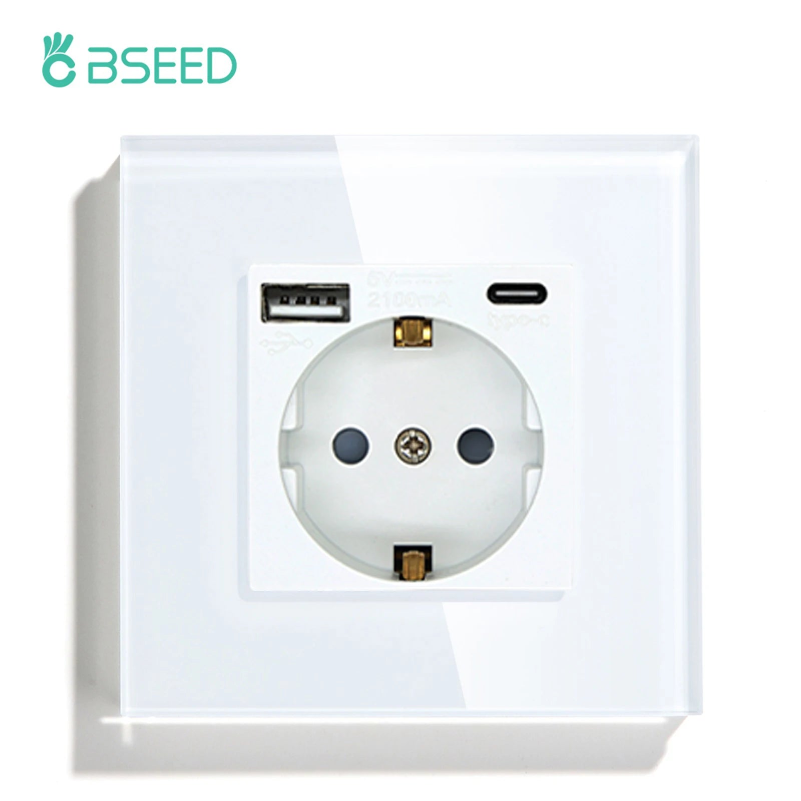 BSEED Single Power Outlet EU Wall Plugs Double Sockets USB Type-C Phone Charge Glass Panel 1Way Wall Touch Switch Kid Protection