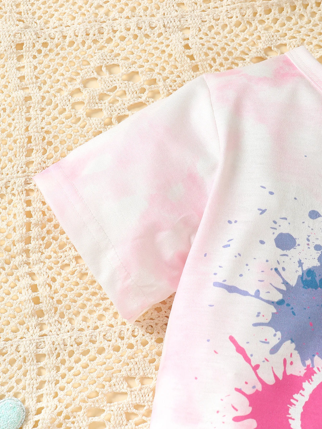 2Pcs Girls' Summer Set tie dye Teddy Bear Short sleeved+Stretch shorts Set for 4-7 Year Girls' Casual Set Children's clothing