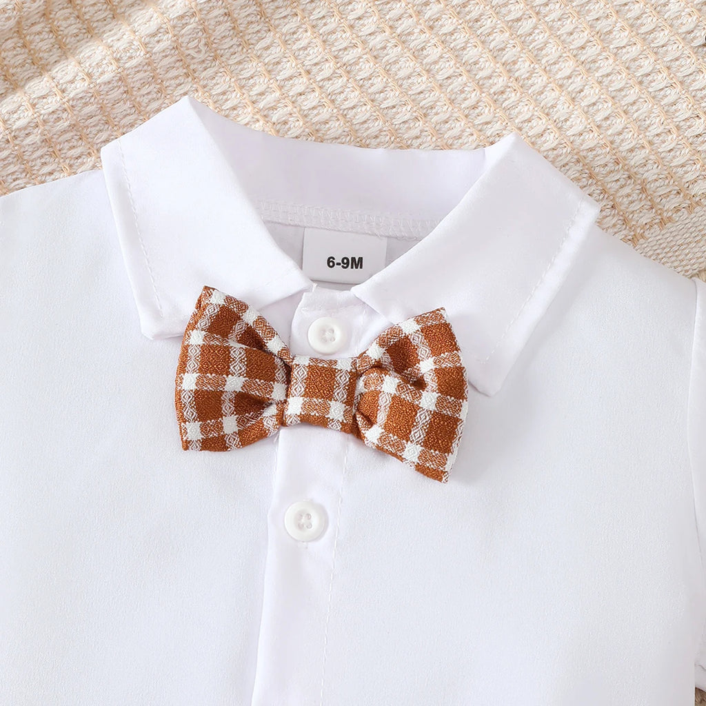 Baby boy small gentleman's Set Lapel checkered tie shirt overalls Fashionable Set 0-3 Year old Toddler Birthday Party costume