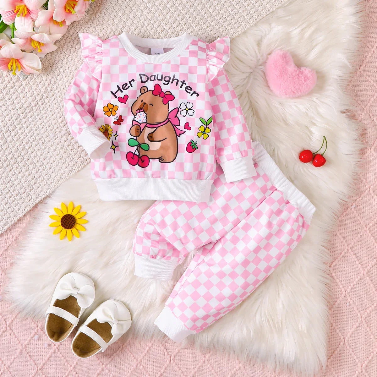 Baby Girl Casual Set Cute Capybara Printed Pink Checkered Long Sleeve Pants 2 Pieces/set Suitable for Cute Baby Girls 0-3 Years