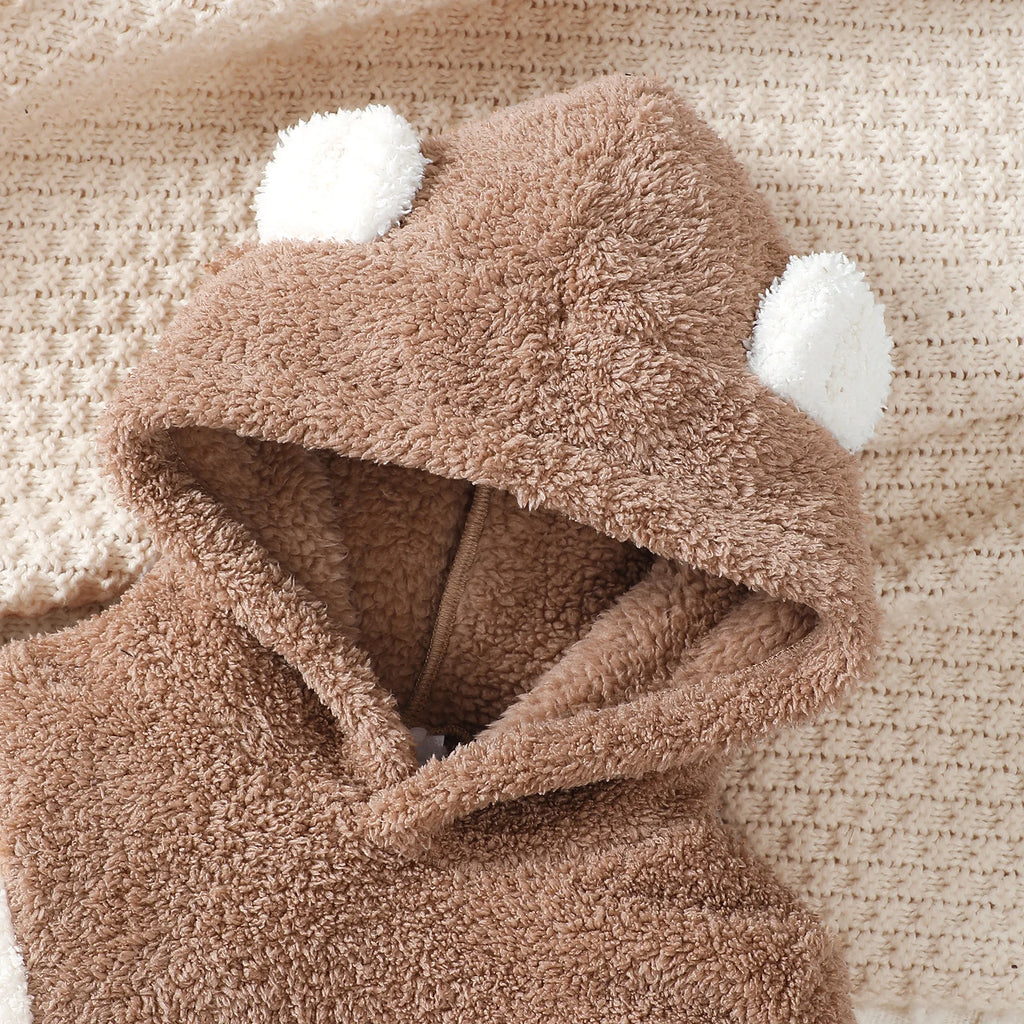 Toddler children's Boy Set Brown Hooded Plush Long sleeved Pants Two-piece Set fit 0-3 Year old Male Baby Winter Warm Suit