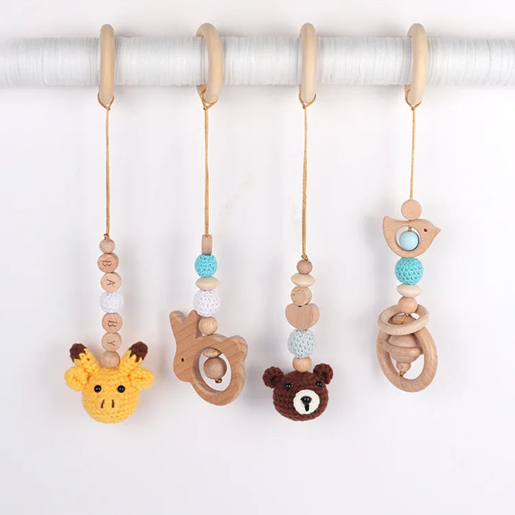 Baby Play Gym Frame Wooden Beech Activity Gym Frame Stroller Hanging Pendants Toys Teether Ring Nursing Rattle Toys Room Decor