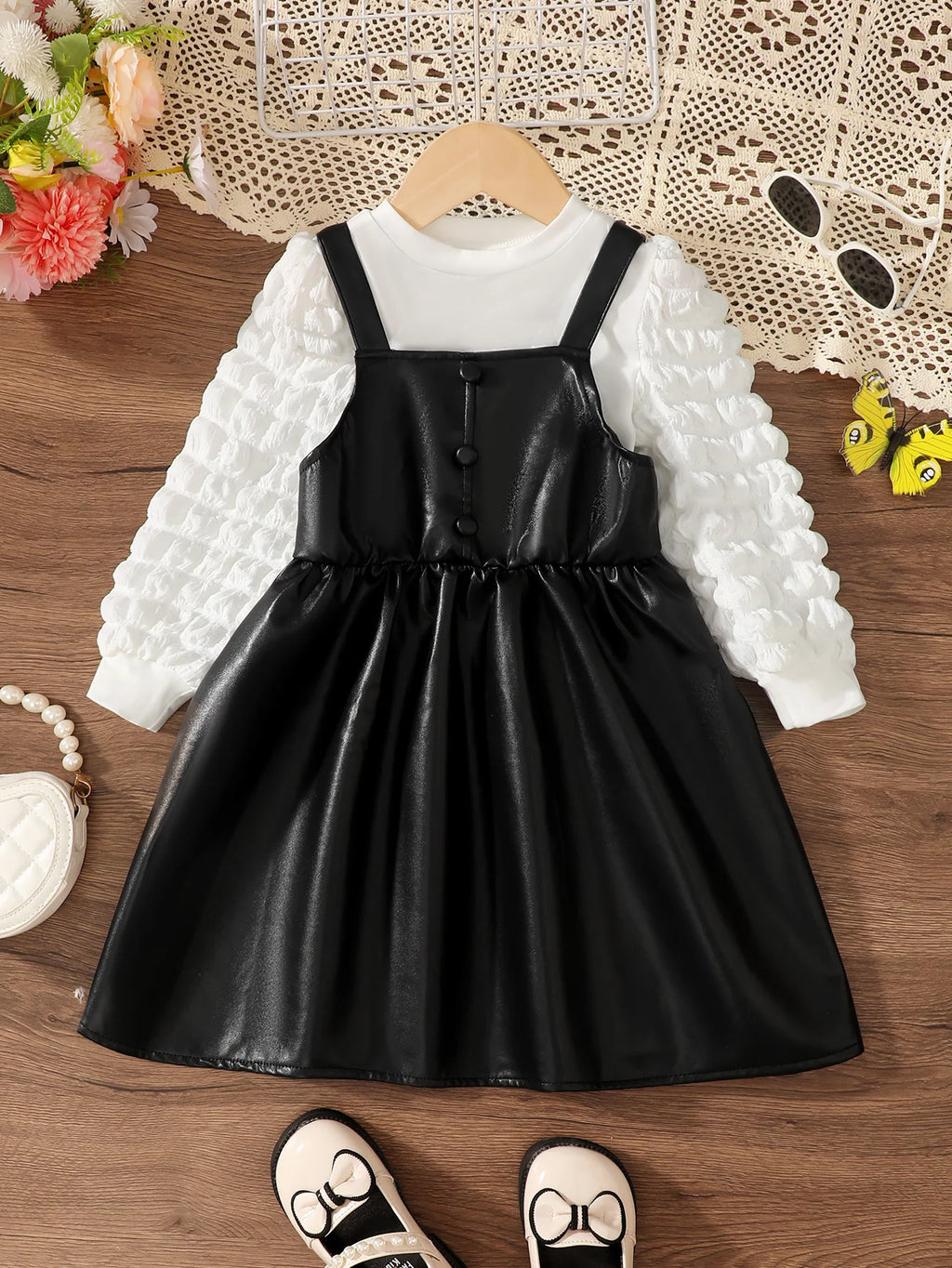 2pcs Children Girl Round Neck White Top+Black Strap Leather Skirt Set fit 4-7 Year Old Girls' Party Fashion Clothing