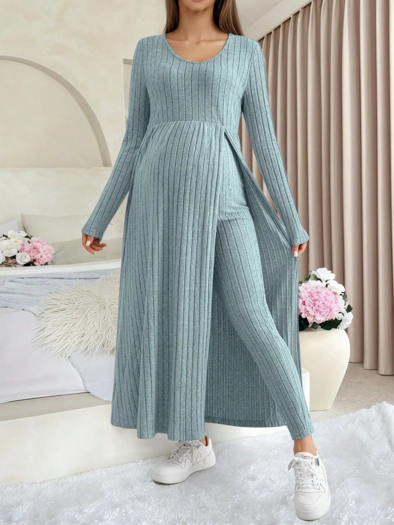 Maternity Women's Two Piece Sets and Outfits Long Sleeve Soft Ribbed Longline Casual Home Lounge Pants Set