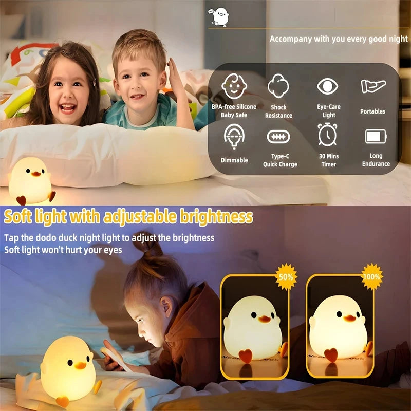 Cute DoDo Duck LED Night Light Touch-Sensitive Dimmable Rechargeable Silicone Bedside Lamp for Nursery Bedroom