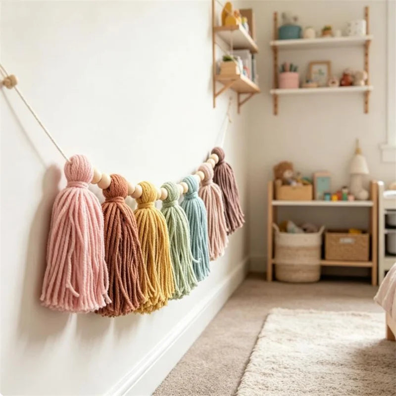 Bohemian Colorful Tassels and Wooden Beads Handmade Party Decorations Fireplace Mantel Room Decor Tassel Hangings Suitable for Holiday Decorations Tassel Strings Home Decor Hanging Tassel Strings.
